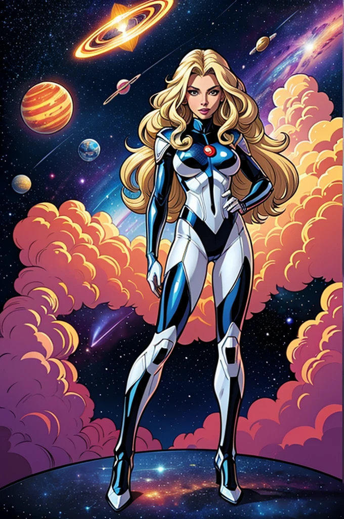 best quality, masterpiece, woman space super hero, beautiful face,full body,hi-tech armour over silver latex suit, long curly blonde hair,in deep space, with several planets and suns in the background
