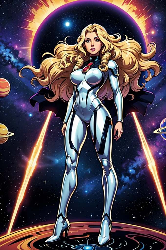 best quality, masterpiece, woman space super hero, beautiful face,full body,hi-tech armour over silver latex suit, long curly blonde hair,in deep space, with several planets and suns in the background
