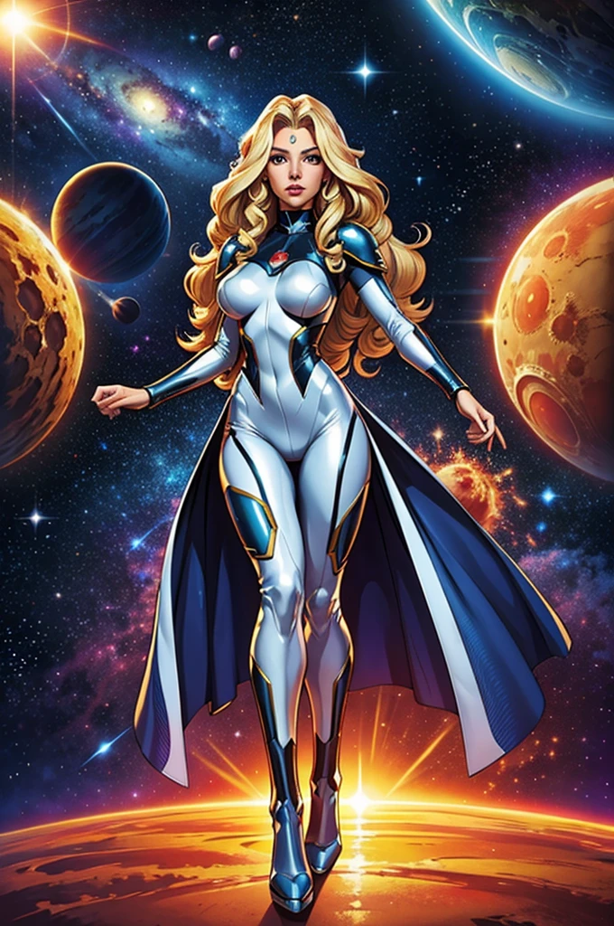 最高品質, 傑作, 女性宇宙スーパーヒーロー, 美しい顔,全身,銀色のラテックススーツの上にハイテクアーマーを着用, 長い巻き毛のブロンドの髪,深宇宙で, 背景にはいくつかの惑星と太陽が描かれている
