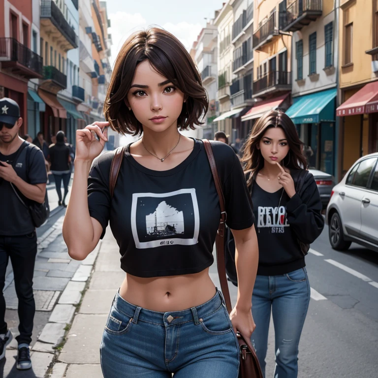 ((medium chest, tomboy girls, Small head)),  (chiseled abs : 1.1), (perfect body : 1.1), (by the wavy cut : 1.2) , brown hair, neck, chain, full body shot, street full of people, wearing black t-shirt, jeans jacket, ((Bermuda)), (extremely detailed CG 8k wallpaper), (an extremely delicate and beautiful), (Masterpiece), (Best Quality:1.0), (ultra High resolution:1.0),  beautiful lighting ,perfect lightning, realistic shadows, [High resolution], detailed skin, ultra detailed (((showy)))