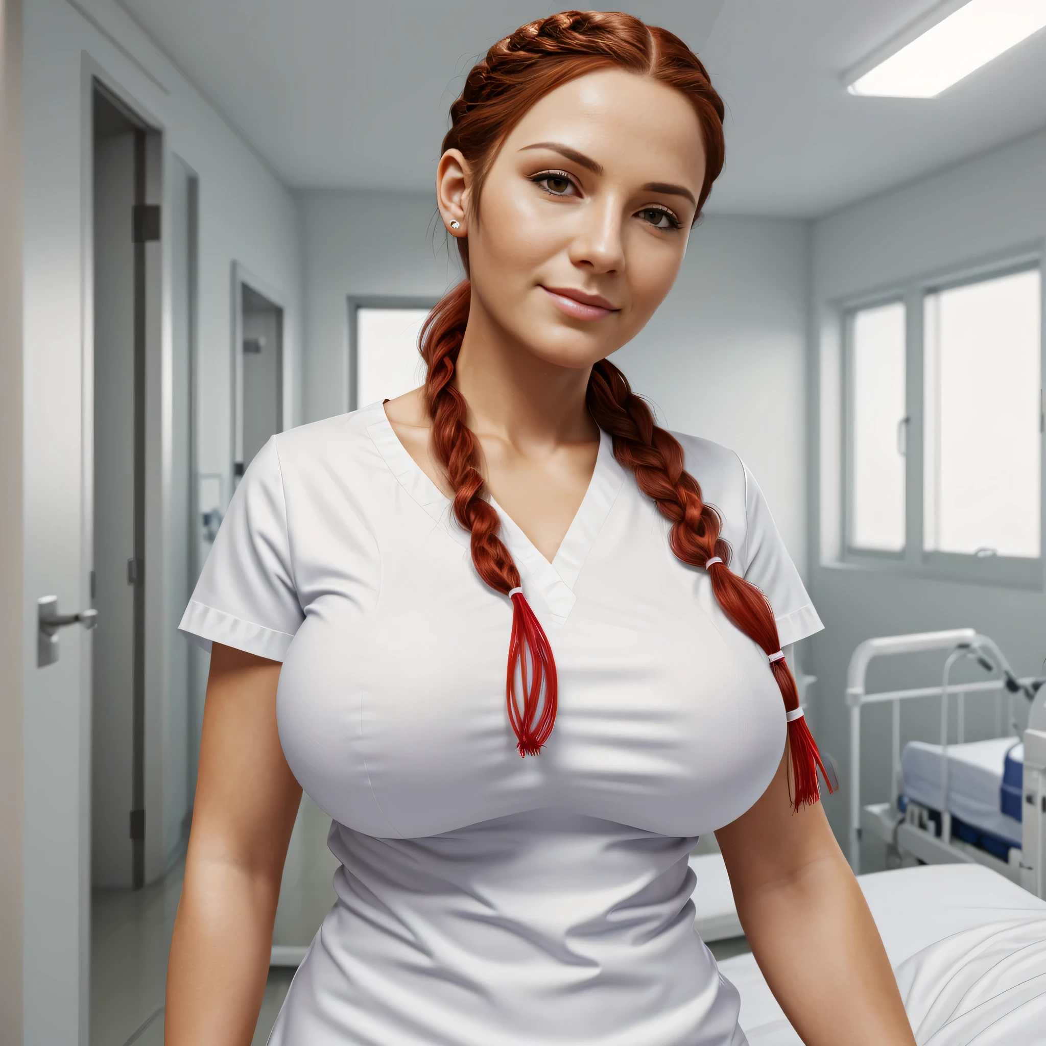 (realistic, photorealistic: 1.37), nurse with big breasts in hospital, posing for a photograph (white hospital shirt), full body, (red braided hair), high resolution, HD