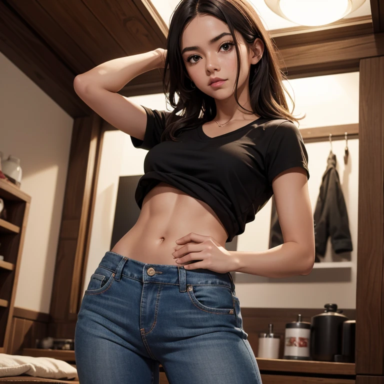 ((medium chest, beautiful girl, Small head)),  (chiseled abs : 1.1), (perfect body : 1.1), (for the wavy cut : 1.2) , by the chestnut, neck, chain, full body shot, street full of people, wearing small black t-shirt, jeans jacket, (( tiny shorts)), (extremely detailed CG 8k wallpaper), (an extremely delicate and beautiful), (Masterpiece), (Best Quality:1.0), (ultra High resolution:1.0),  beautiful lighting ,perfect lightning, realistic shadows, [High resolution], detailed skin, ultra detailed (((showy)))