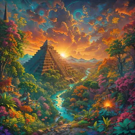 Create a vibrant, otherworldly painting that immerses the viewer in an Aztec-inspired realm. Imagine um denso, Fantastic forest ...