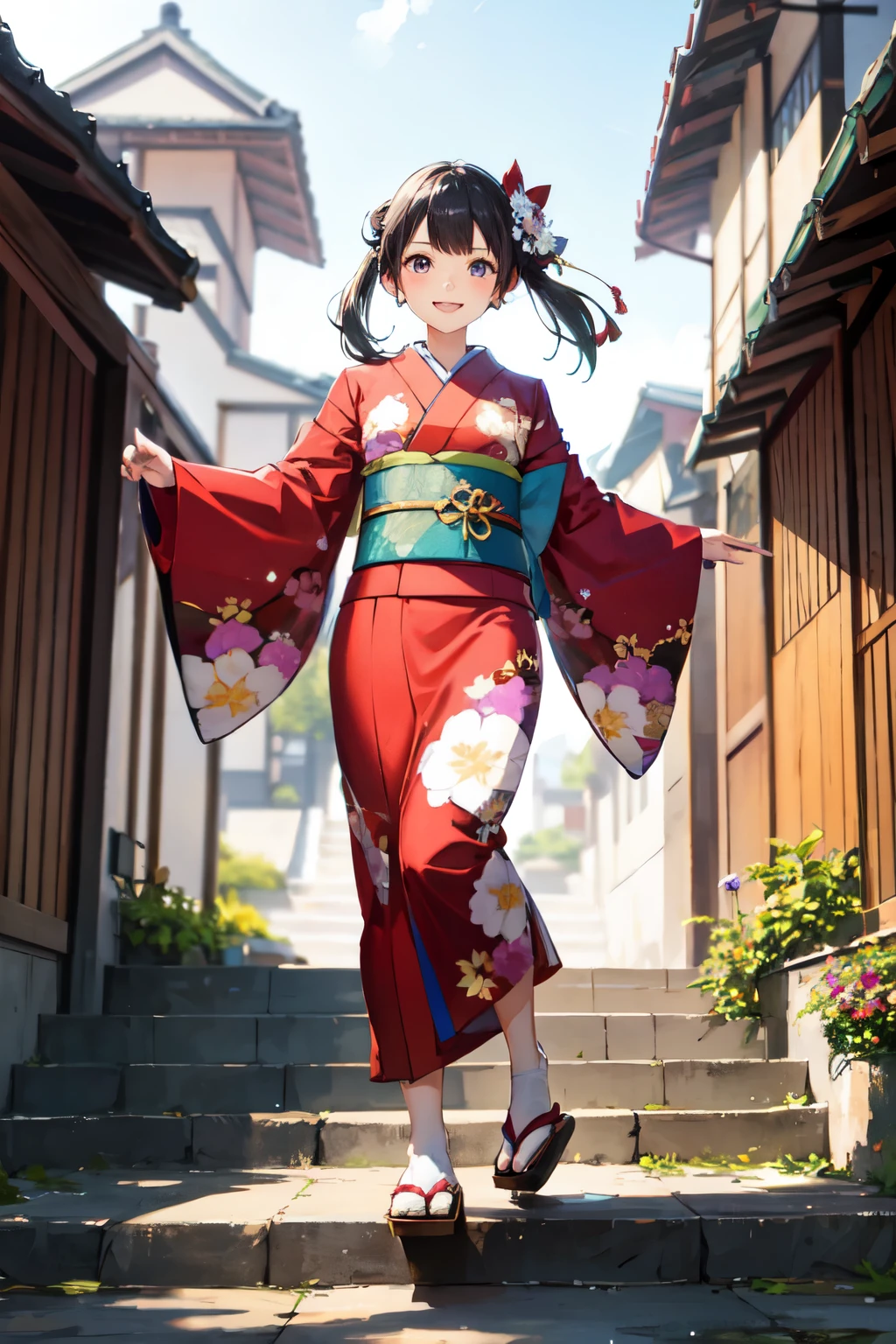 kimono,Taking steps,outdoor,smile,((highest quality)), ((masterpiece)), (be familiar with), perfect face