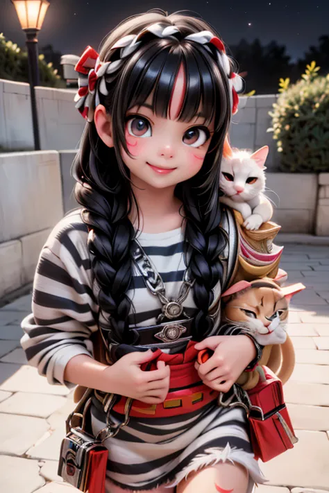 a cute mexican girl smiling carrying snakes with her, face painted with red white and black stripes, mexican indigenous dress, b...