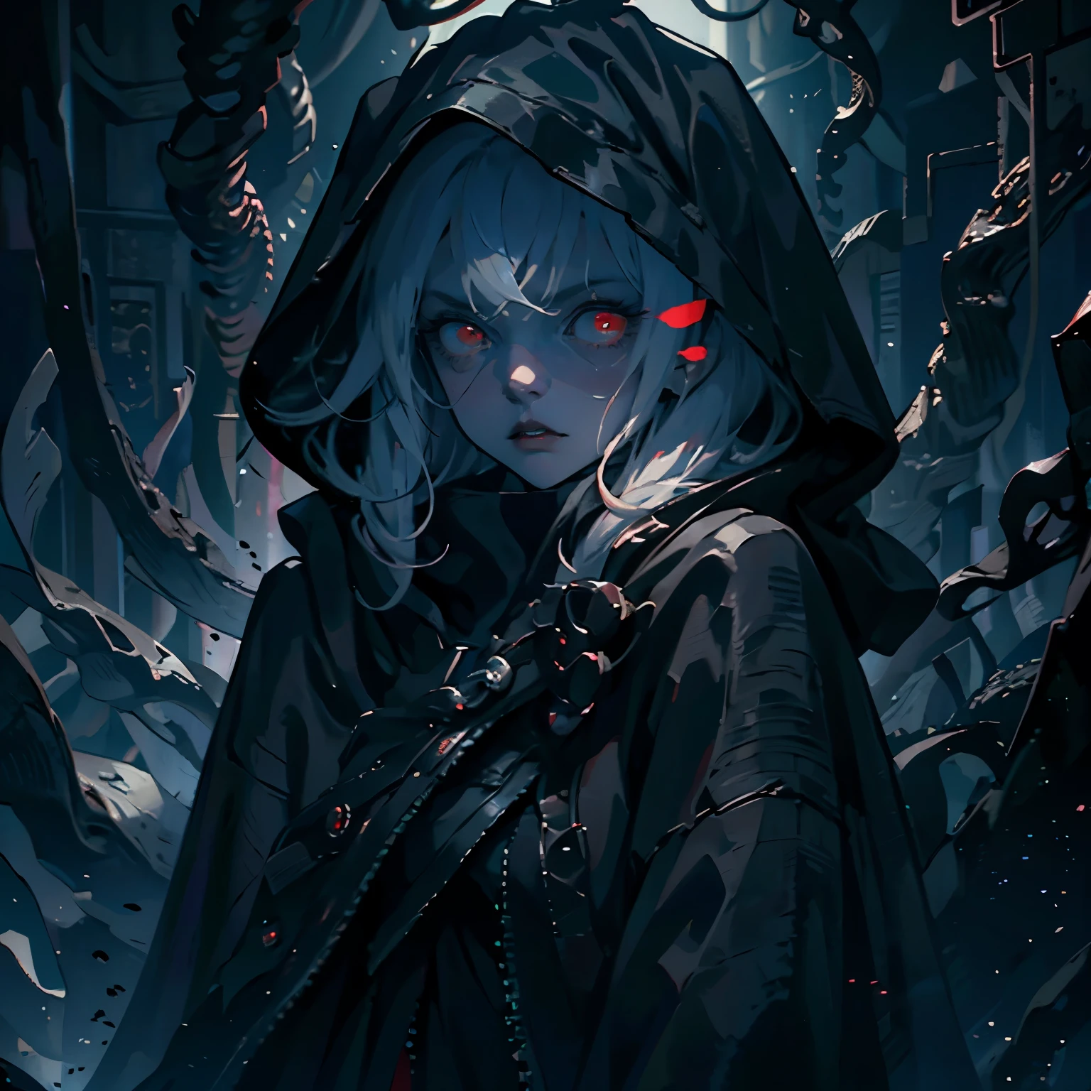 Young Female, Pale Skin, Red Eyes, Short White Hair, Menacing Expression, Beautiful, Dark Lighting, Intimidating, Horror Theme, Standing, Darkness surrounding, Tentacles forming from behind her back, Wearing a black cloak with the hood up, tentacles moving from underneath the cloak, Cinematic, HDR, Vibrant Colors, RTX, HD, Very Detailed, Masterpiece