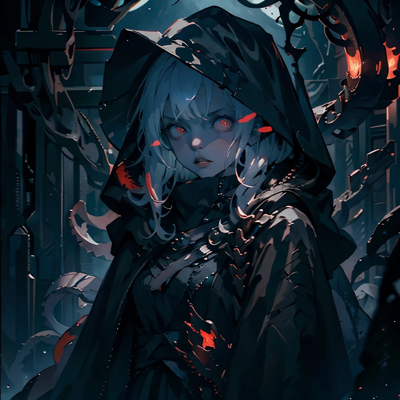 Young Female, Pale Skin, Red Eyes, Short White Hair, Menacing Expression, Beautiful, Dark Lighting, Intimidating, Horror Theme, Standing, Darkness surrounding, Tentacles forming from behind her back, Wearing a black cloak with the hood up, tentacles moving from underneath the cloak, Cinematic, HDR, Vibrant Colors, RTX, HD, Very Detailed, Masterpiece