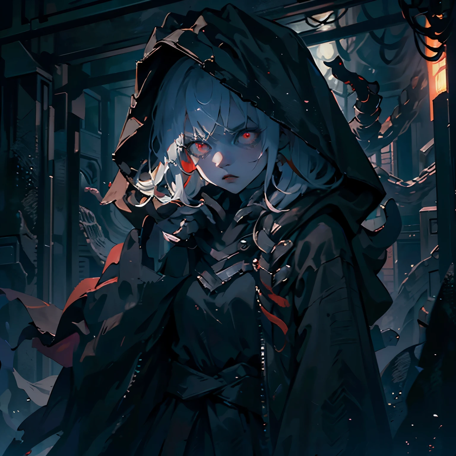 Young Female, Pale Skin, Red Eyes, Short White Hair, Menacing Expression, Beautiful, Dark Lighting, Intimidating, Horror Theme, Standing, Darkness surrounding, Tentacles forming from behind her back, Wearing a black cloak with the hood up, tentacles moving from underneath the cloak, Cinematic, HDR, Vibrant Colors, RTX, HD, Very Detailed, Masterpiece