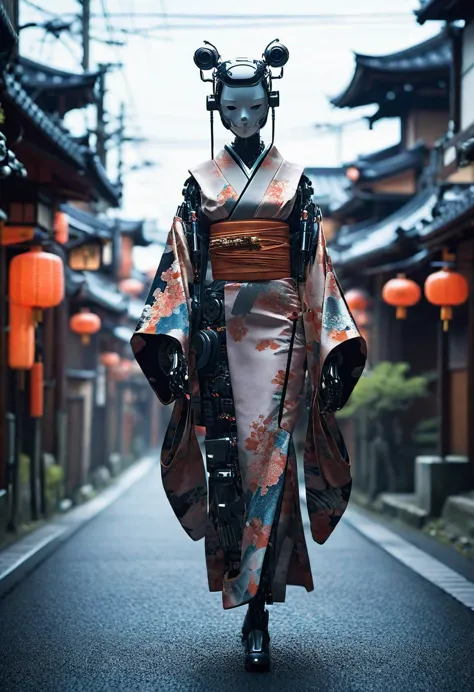 creating an image of a female android in a beautiful kimono walking through the streets of kyoto. the style is terrible, and the...