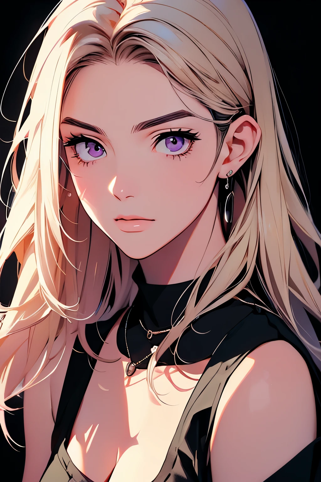 usando uma Chemise noire, dépouillé, euh, un jean court, Illustration 2D, animé, un portrait en peinture aux beaux-arts, à la manière manhwa, Bishamon de noragami, 1fille, blond, cheveux longs, Beaucoup de cheveux, yeux violets, se maquiller,  Beau, Haute définition, chef-d&#39;œuvre, Meilleure qualité, Détails élevés, Détails élevésed eyes, filtre à grains, lèvres détaillées, haute résolution, ultra-détaillé, Portrait, femme caucasienne, proportions réalistes, Anatomiquement précis, joues roses; haute qualité, Récompensé, haute résolution, 8k, Yang Xiaolong, ((meilleure qualité)), ((premier travail)), (très détaillé:1.3), avec des cheveux volumineux et ondulés, With peach blonde bangs and yeux violets and voluminous lips, Chemise noire, dépouillé, un jean court, Nice animé art style, Estilo animé, animé illustration, bela arte de animé, illustration de style animé, Nice animé style, Bohème Chic | | muito animé!!!, Digital animé illustration, animé full body illustration, arte de personagens de animé