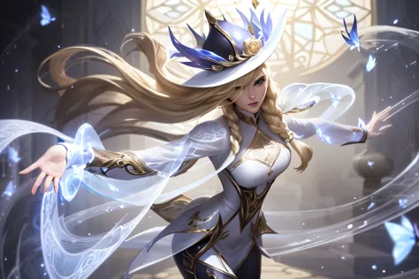 Dirt.,white shirt,(Spectral magic:1.2), League of Legends สแปลชอาร์ต, woman,Bangs,black pants,Yellow eyes,Blonde hair,(missfortu...