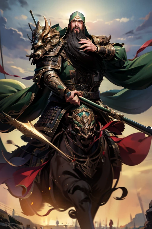 masterpiece, masterpiece_portrait, distinct, distinct_image, high_resolution, highres, high_quality_anime, high_quality, hyper_detail, finely_detailed,4K, guanyu green armor long heavy beards long handle blade