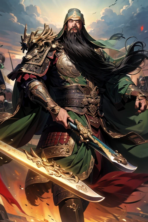 masterpiece, masterpiece_portrait, distinct, distinct_image, high_resolution, highres, high_quality_anime, high_quality, hyper_detail, finely_detailed,4K, guanyu green armor long heavy beards long handle blade