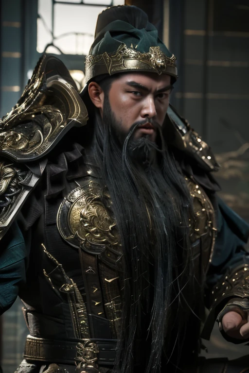 masterpiece, masterpiece_portrait, distinct, distinct_image, high_resolution, highres, high_quality_anime, high_quality, hyper_detail, finely_detailed,4K, guanyu green armor long heavy beards long handle blade