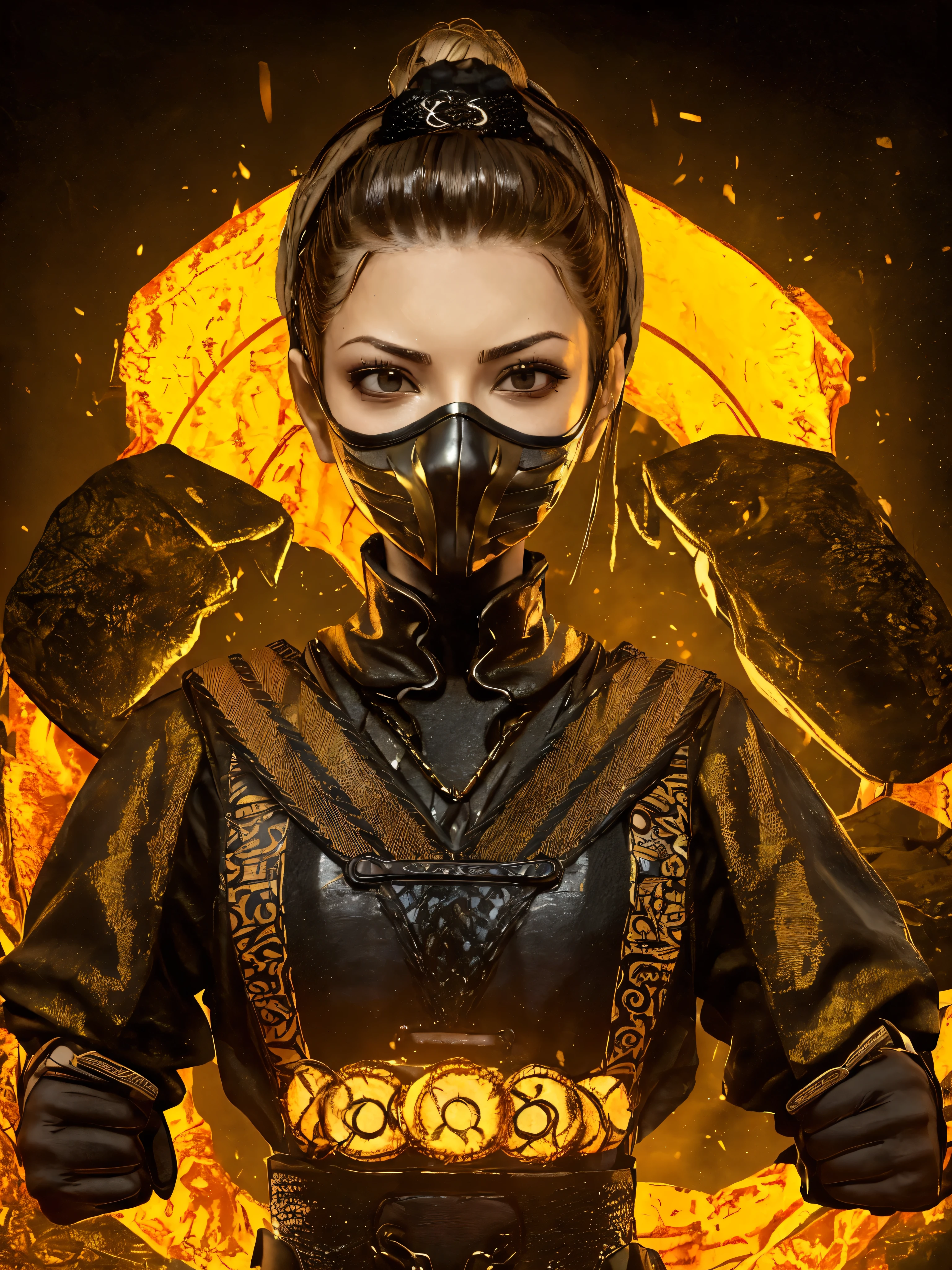 1 garota, Retrato da batalha MKSCORPION fêmea bonito com o grupo de ninjas, máscara bucal, olhos amarelos brilhantes, fogo, laranja, faíscas, energia, aura, Fogo de Redemoinho, ornamentado, detalhe,