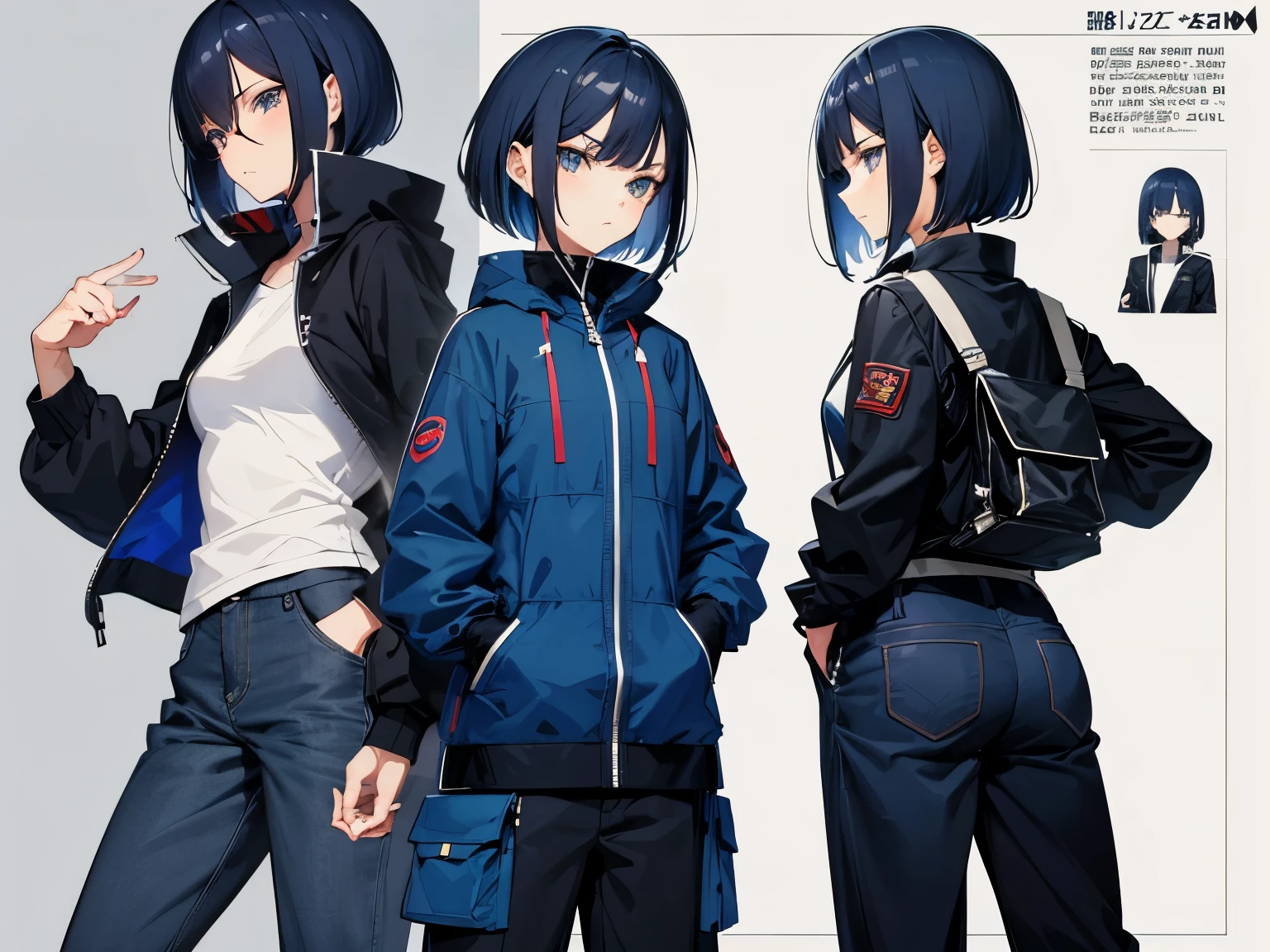 Anime characters in blue jackets and jeans posing for a picture - SeaArt AI