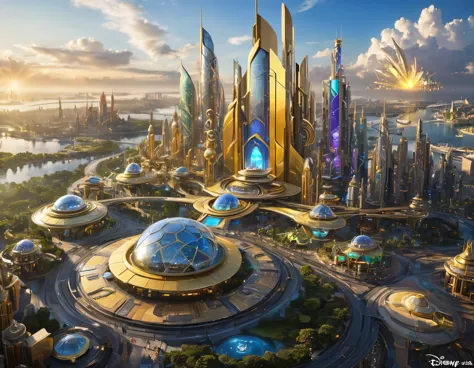 (golden hour lighting), megacity, megalopolis of an imaginary world of science fiction , parecido a una disneylandia futurista, ...