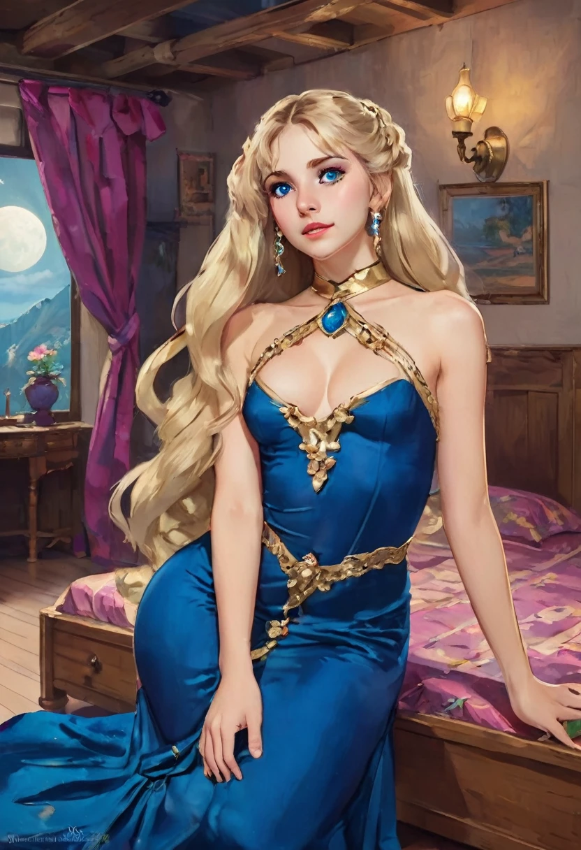 Esmeralda, a slave princess, is 18 years old, long blonde hair, blue eyes, big breasts, wearing an exotic dress for her clients, blue with diamonds. She is sitting on the floor of her room, all dark with the moonlight, looking to the right, saying sister, please, I want to go out with a sad expression 