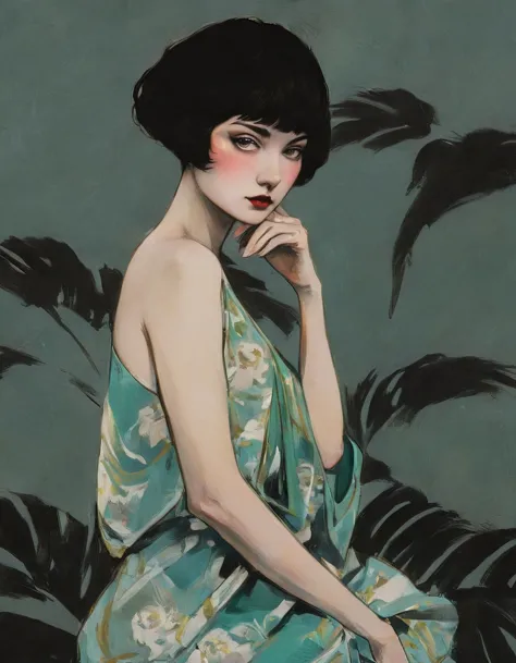 ink sketch technique on sensual illustration of an elegant queen (((short hair with bangs:1.4、Beautiful bangs) , vintage ,silky ...