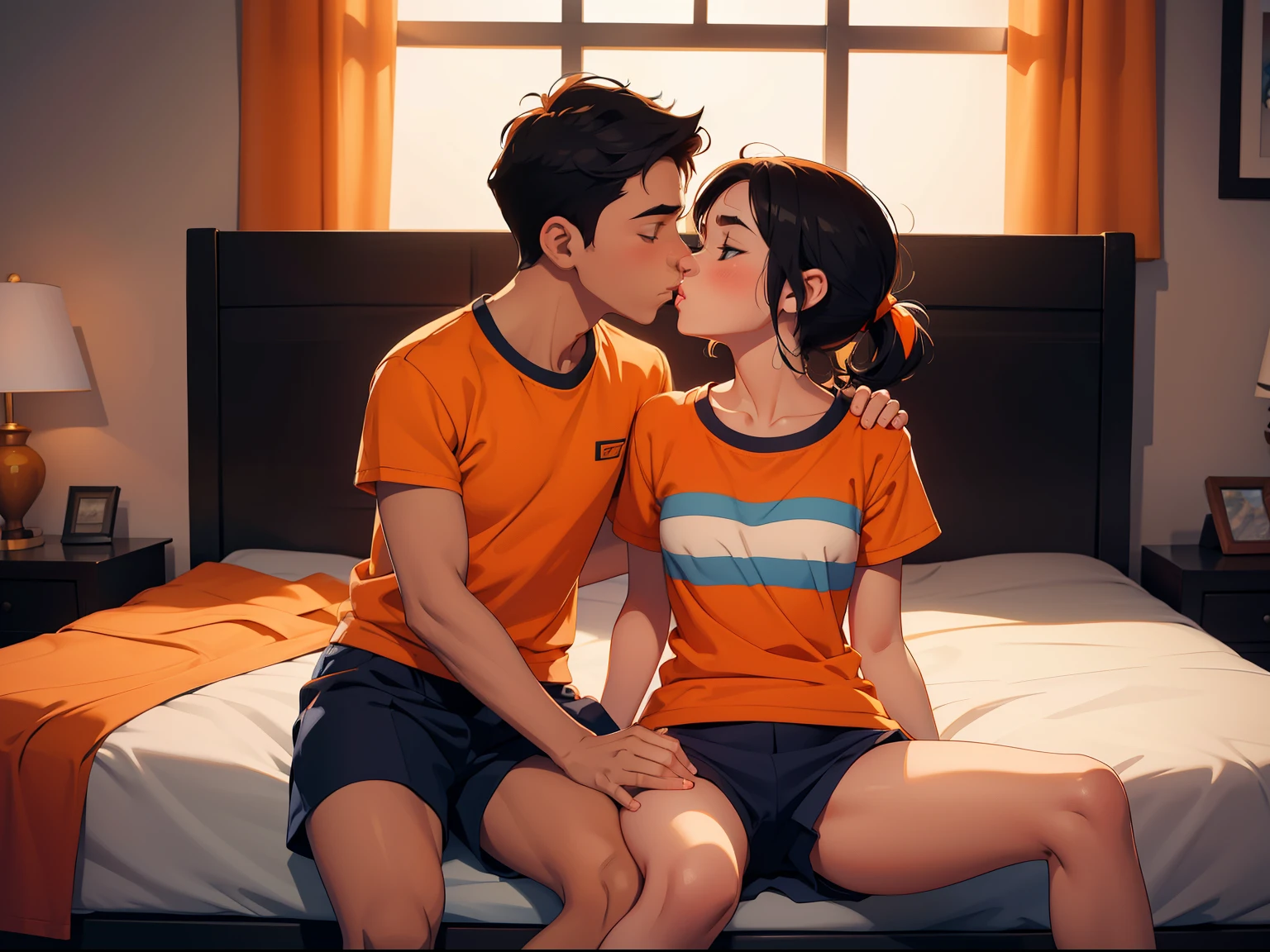 Young girl wearing white and orange striped t shirt and orange shorts and young boy wearing a navy blue t shirt and black shorts sitting on a bed together, kissing, making out, passionately, sexy, hot, lustful