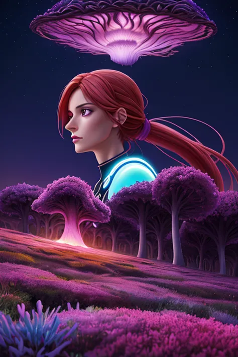 Bianca from Italy, long ponytail [auburn:copper:.3] hair, concept art painting of a fantasy alien fungal landscape at night, mag...