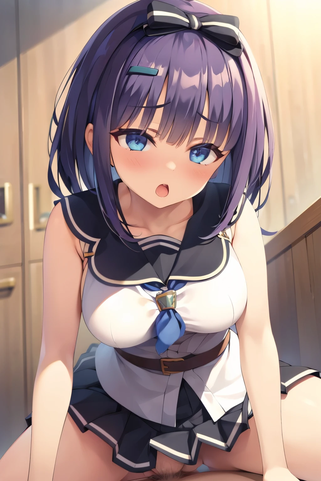 Anime girl with purple hair and blue eyes sitting on a counter - SeaArt AI