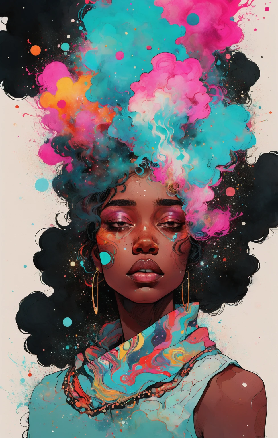 thème hip-hop, photo du torse d&#39;une superbe femme somalienne avec une expression fatiguée, Conrad Roset, explosion de barbe à papa, portrait numérique, une peinture détaillée ultra fine, art spatial,  le goutte à goutte, le bling bling, Utilisez des coups de pinceau audacieux, motifs tourbillonnants, et des couleurs contrastées pour transmettre l&#39;intensité des émotions. princesse guerrière forte, centré, visuel clé, complexe, très détaillé, beauté à couper le souffle, linéaire précis, vibrant, cinématique complète, Carne Griffiths, Conrad Roset, (le plus beau portrait du monde:1.5) Imaginez l&#39;univers comme une vaste symphonie de couleurs et de formes. Créer une représentation abstraite du cosmos, en utilisant des galaxies tourbillonnantes, nébuleuses, et les corps célestes pour évoquer un sentiment d&#39;émerveillement et de respect. Incorpore un mélange d&#39;aquarelle et , Style artistique maximaliste, style artistique géométrique) Incorporer des couleurs vives, coups de pinceau dynamiques, et des textures intrigantes pour capturer l&#39;essence du monde intérieur du sujet, capturer une vision surréaliste, Une centralisation parfaite, Un mignon petit chien roux partout, Porter une veste,