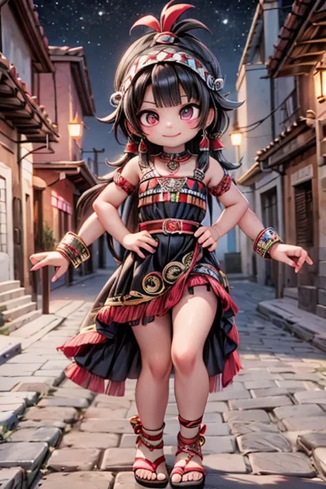 a cute mexican snake girl smiling, red anb black makeup stripes on face, mexinca indigenous dress, beautiful sandals, aztec city...