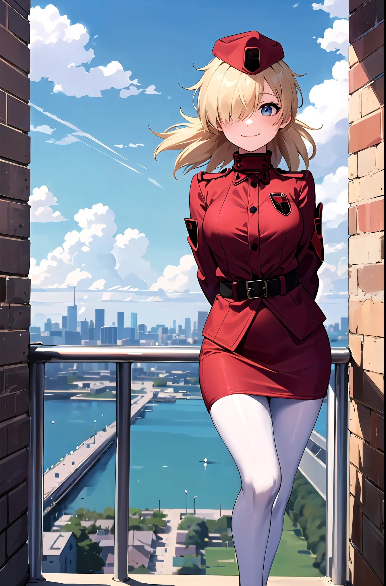 (masterpiece, best quality, detailed), 1girl, solo, looking at viewer, 
seras victoria, hair over one eye, Stewardess, red unifrom, garrison cap, white gloves, pantyhose, outdoors, rooftop, day, cityscape, blue sky, cloud, scenery, railing, arms behind back, smile, closed mouth