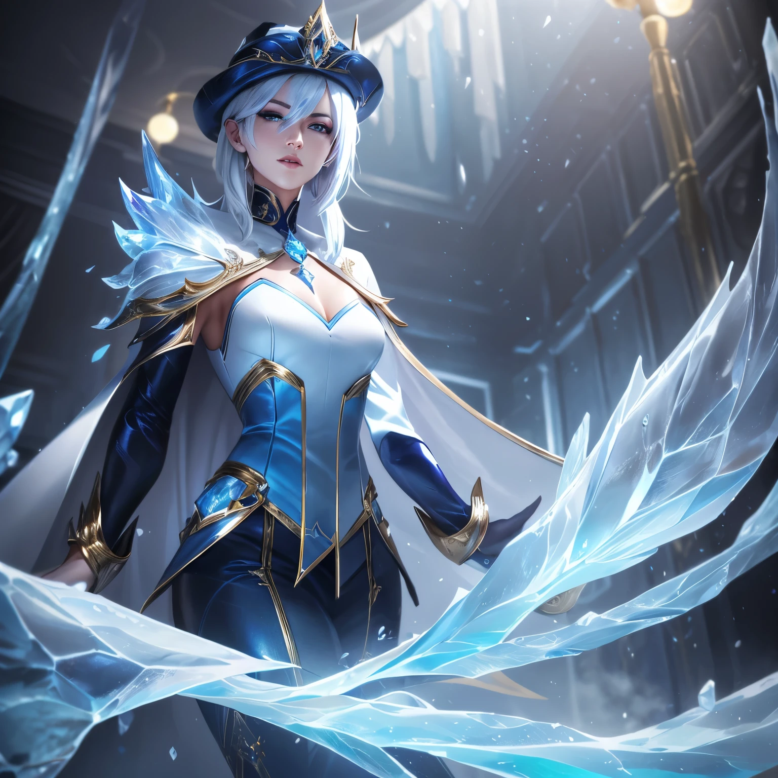 sujeira.,camisa branca,(เวทมนตร์gelo:1.2), Arte inicial de League of Legends, mulher,(Calça azul com acabamento dourado:1,olhos pretos,cabelo branco,(Tosse fria:1.2),คริสตัลtranslúcido,Lutar,vista frontal,gelo,peixe,Bispo&#39;chapéu,Padrão de mármore,magia azul,alegria,luxuoso,diamante,เกล็ดpeixe,(เวทมนตร์gelo:1.2),espelho,cristal de cristal,Casaco branco,ลอยgeloกัด,fragmento de cristal azul,กลีบดอกไม้gelo,Dragão,(leblanc:1.2),translúcido,Área portuária,figura completa,rainha,escolta,cabelo curto e longo,mão negra,Área do bar,Terno de capa,braço preto,ดอกบัวgelo,ดอกบ๊วยgelo