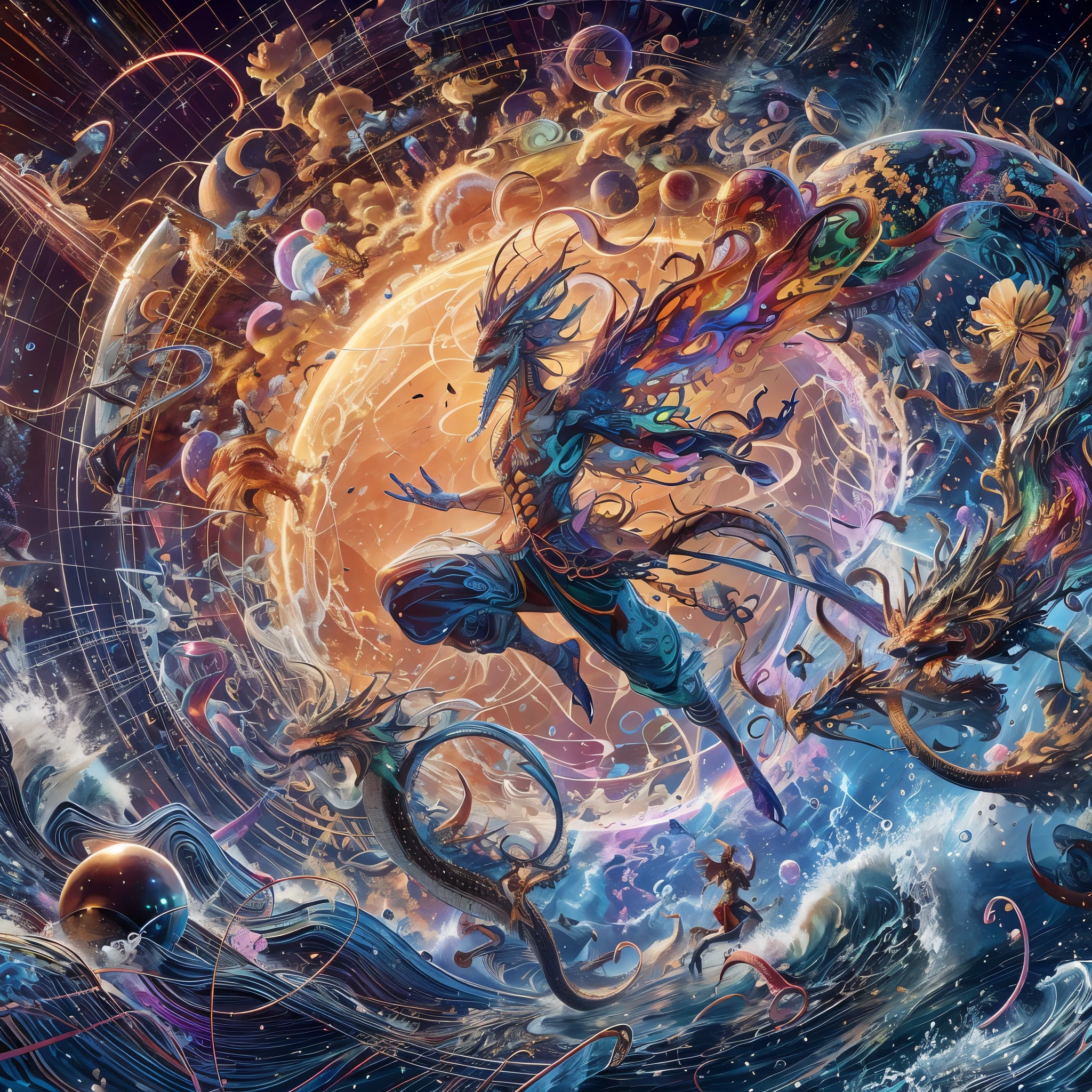 pintura de dos serpientes en un mar arremolinado con un cielo rojo, Dragon Chinoes fighting, pintura al óleo de dragón, majestuoso dragón japonés, arte del dragón, Dragon Chino, Dragon Chino engrave, cyan Dragon Chino fantasy, inspirado en Utagawa Yoshitsuya, smooth Dragon Chino, Dragon Chino concept art, muy complejo y colorido, dragón 3d de seda china, dragones