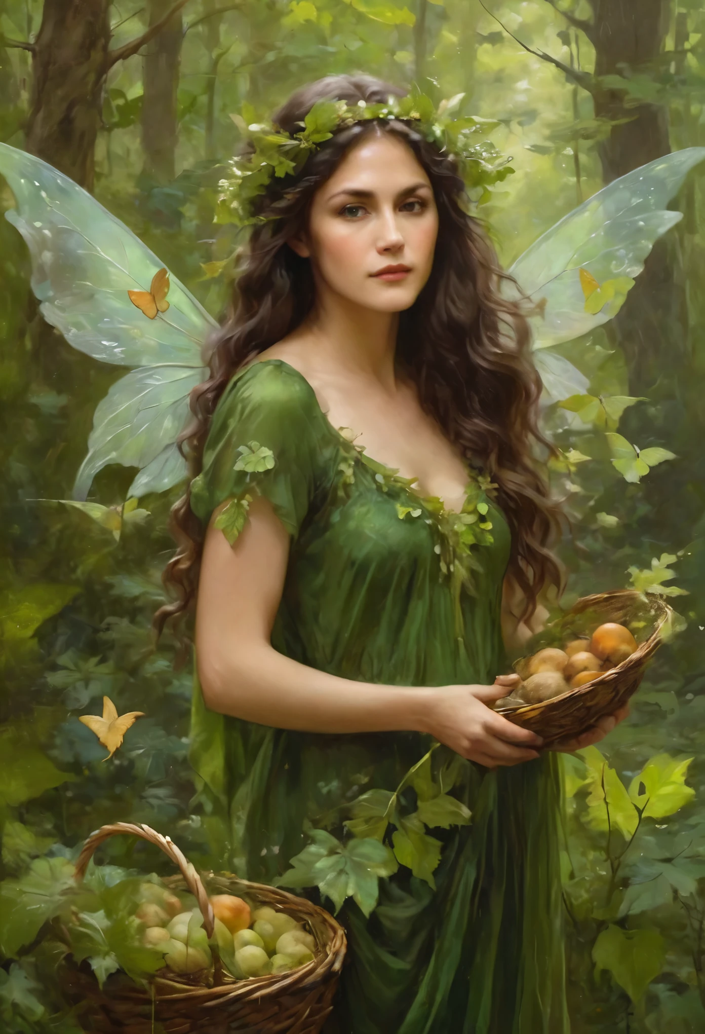 Elegant and serene fairy dryad with long wavy earthen-brown hair, leaf-green floral gown, mystical fauna wings, helping the animals of the forest harvest their food in a peaceful and radiant forest, oil paint splash