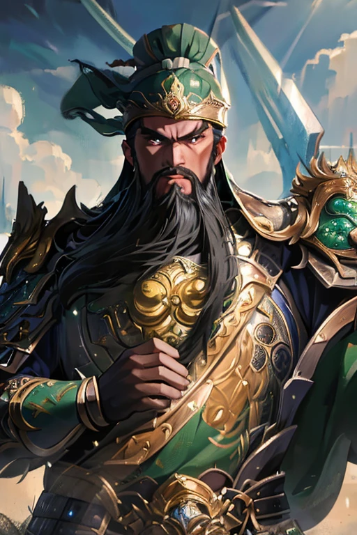 masterpiece, masterpiece_portrait, distinct, distinct_image, high_resolution, highres, high_quality_anime, high_quality, hyper_detail, finely_detailed,4K, guanyu green armor long heavy beards long handle blade