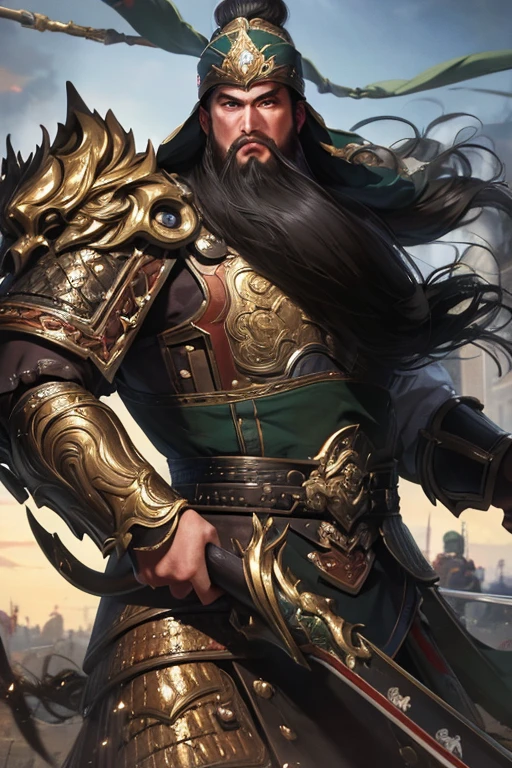 masterpiece, masterpiece_portrait, distinct, distinct_image, high_resolution, highres, high_quality_anime, high_quality, hyper_detail, finely_detailed,4K, guanyu green armor long heavy beards long handle blade