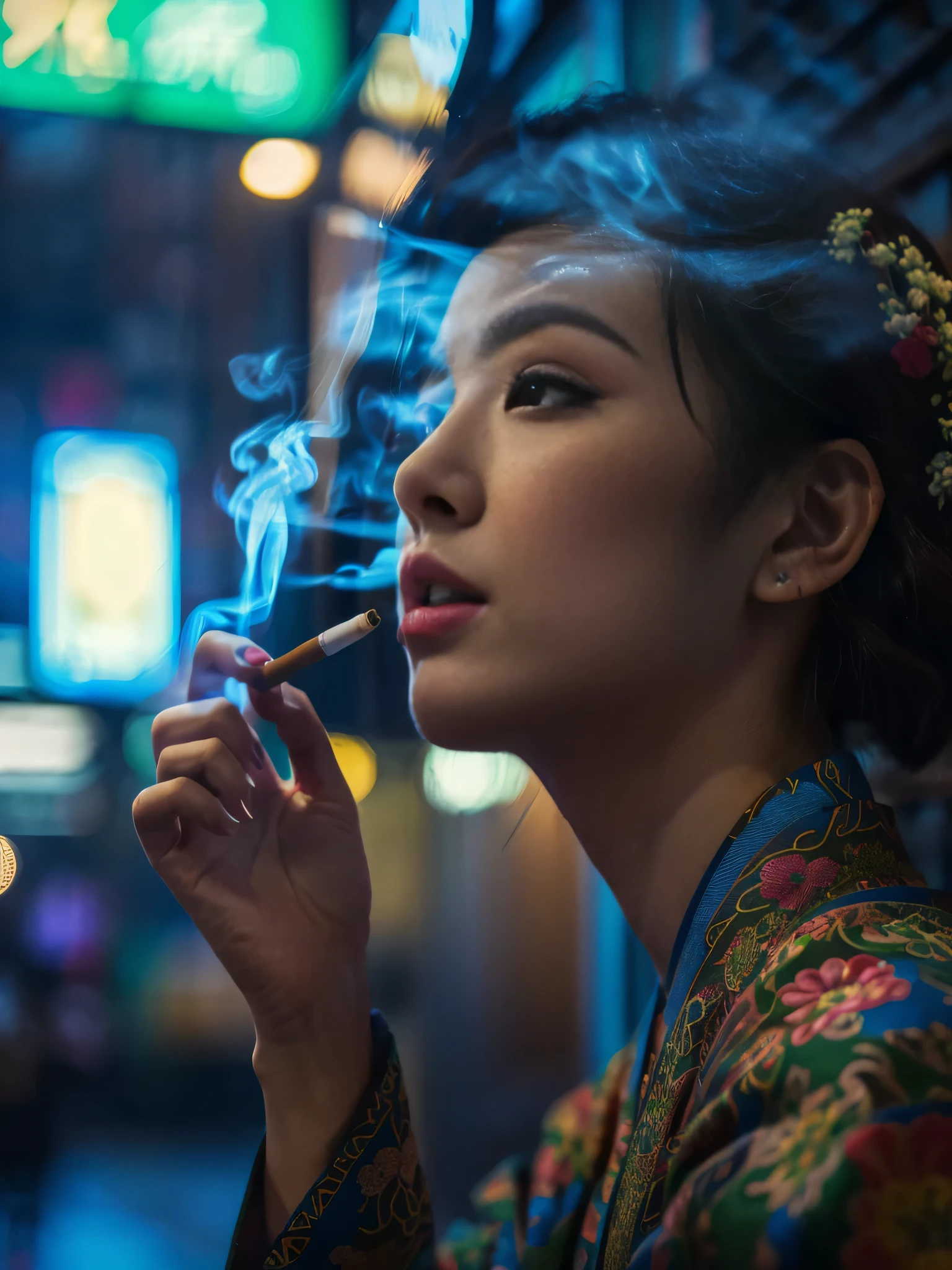 Realism，Realistic photography of people，Super realistic light and shadow effects，(Super exquisite CG Unity 8K wallpaper), (masterpiece), (best quality), (actual), geisha, kimono, cheongsam，smoke, Psychedelic，Realistic， ((best quality)), (super detailed)), (((photo)),Arav smokes in colorful kimono, Rostland 8K, cinematic. author：Leng Jun, By Liam Wong, smoking woman, Alice x. open, Brandon Wolfel, chinese woman, Portrait shoot, Chinese girl, Woman smokes, portrait of a smoking woman, 8k Artistic Portrait Photography, inspired By Liam Wong, woman smoking a cigarette，