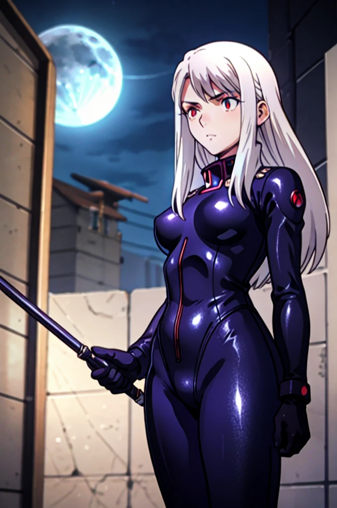  illyasviel_von_einzbern in the style of evangelion, shiny_skin, (clothe inspired by evangelion, aliens, gunbuster, gunnm, metal gear, death stranding), impossible_clothes, bodysuit, white & red bodysuit, suit, pilot suit, jumpsuit, plugsuit, armor, shiny_clothes, jacket, cybernetics suit, gloves, gainax anime style, studio gainax art, studio gainax illustration, inspired by Masamune Shirow, studio gainax, big breasts, two_side_up, full body, can't be this cute, girl on top, long_hair, white_hair, silver_hair, floating_hair, hair_between_eyes, asymmetrical hair, red_eyes, looking_at_viewer, outdoors, holding, holding_weapon, Spear of Longinus, cowboy_shot, background, glowing, moon, red, red moon, full_moon, moonlight, star_(sky), night, city, building, cityscape, science_fiction, ((mature female, mature, milf)), 