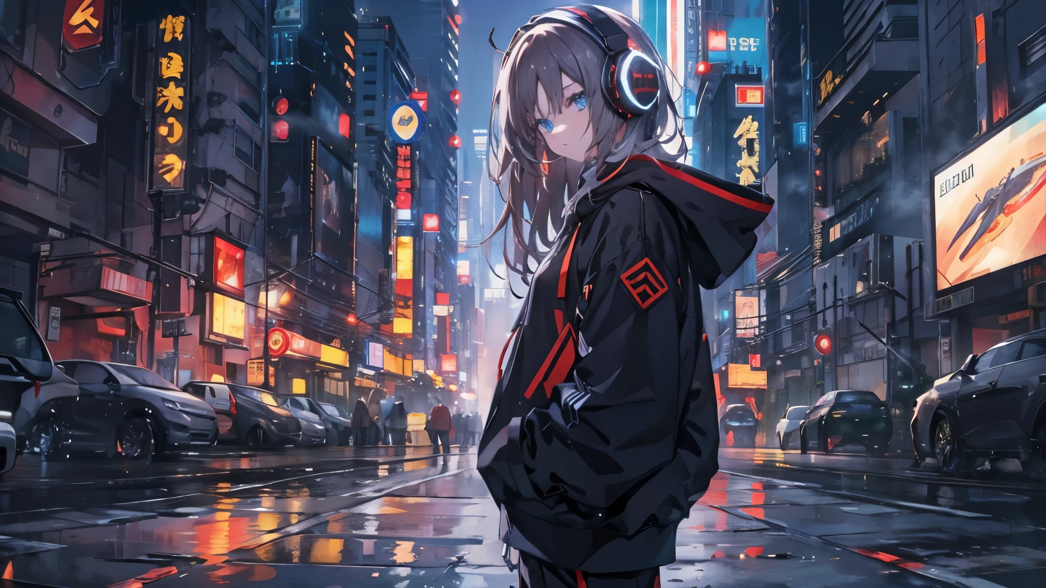 golden eyes、cyberpunk city、medium long hair、wearing cool headphones,{{{{{{{{ black hoodie oversized }}}}}}}},beautiful and delicate golden eyes,thought,black clothes,
