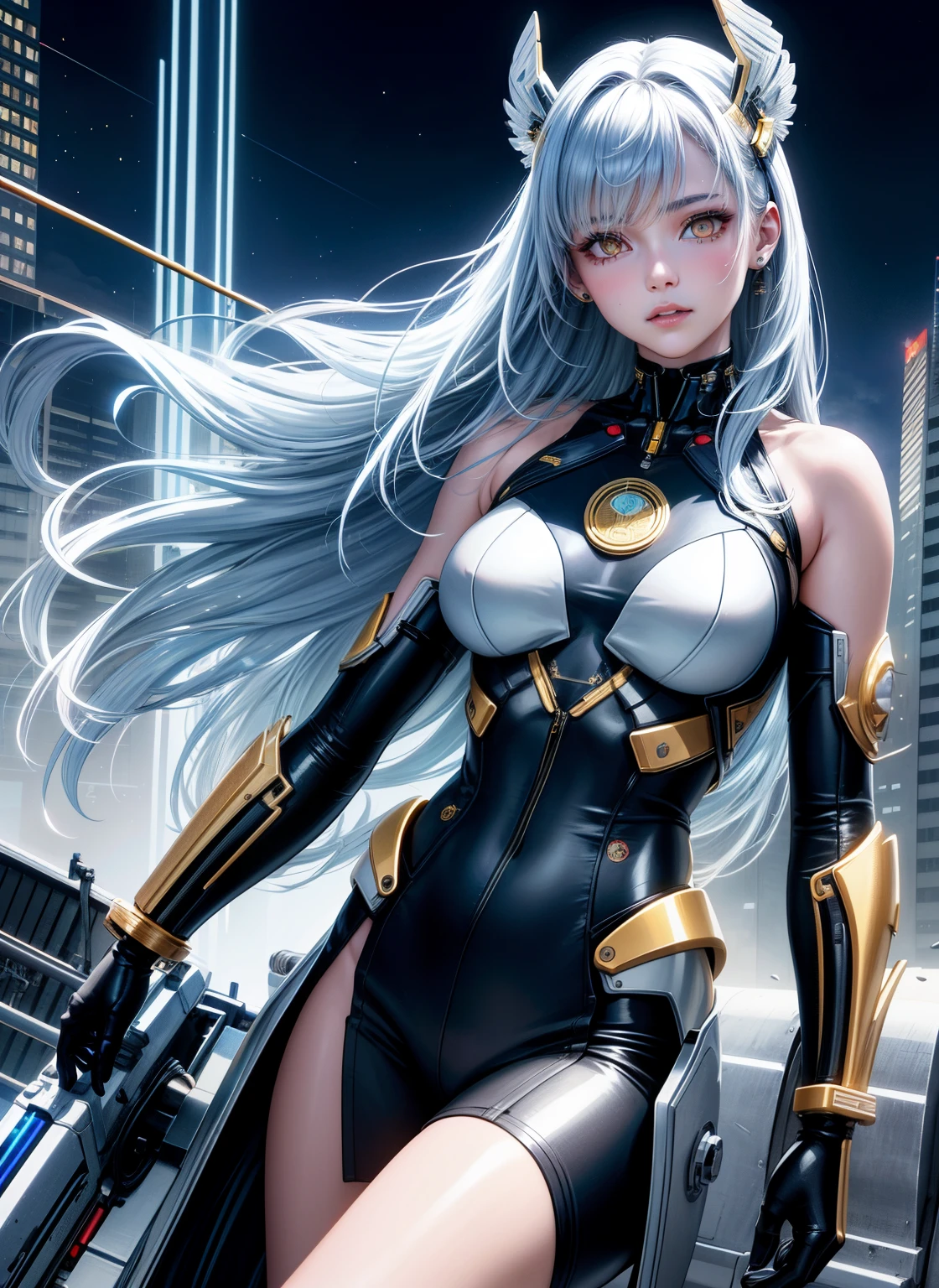 top-quality、​masterpiece、超A high resolution、(Photorealsitic:1.4)、1 girl、Light blue hair、Straight hair, shiny and clean hair、White shiny skin、Sexy Cyberpunk Girl、((super realistic details))、Shadow、octan render、ultrasharp、hyperdetailed face、Fiberglass、Luminous tube、highly intricate detail、Realistic light、CGSoation Trends、((Golden Eyes))、(Facing the camera)、neon detailechanical limbechanical vertebrae attached to the back、mechanical cervical attaching to neck、Wires and cables connecting to the head , cybercity background、Rat trail section、((valkyrie))、((Beam Cannon))