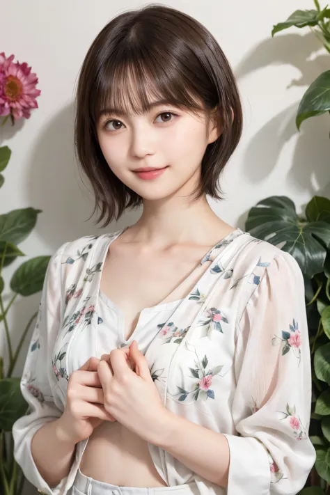 206 Short Hair, 20 year old female, Floral, gentle smile, (chest:1.2)