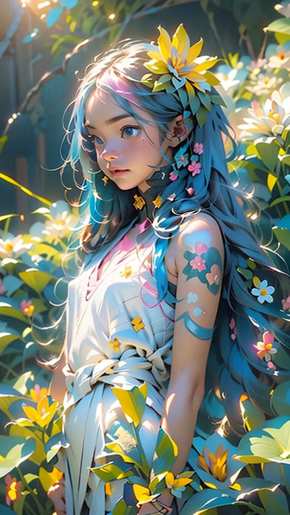 ((1 girl - solo, full length, waist-length, loose - relaxed pose, standing)), ((masterpiece, best quality: 1.3), (ultra detail: 1.3), (best quality, high resolution, photo-realistic: 1.37)). ((Orange, pink, white, and green details), (girl, in flower-T tattoos, starry sky-white hair), (dark hair, shoulder-length, long hair), (elegant body, dark stylish T-shirt, tech clothes: 1.1), (beautiful hands in jewelry bracelets, tattoos, (Rockstar)). ((Calm look, relaxed pose, standing)). ((Abstract background with lines and circles), (Technical background - abstraction), (high-tech), (many flowers - lilies), (flowers look amazing), mostly in light colors: (white, blue, yellow, gold)).((Best quality), (surrealism: 1.3), (masterpiece: 1.2), (fantasy: 1.2, surrealism: 1.3), ((High resolution, sharp image), (best quality: 1.37), (realistic 3D visualization), (adjustments, soft light-shadow, flooded sunlight, contrast shadows – cold tones, warm soft light)). (Technical background - abstraction), (modern style, HD detail, cinematic, surrealism, Deep focus, ray tracing, Diffusion)).