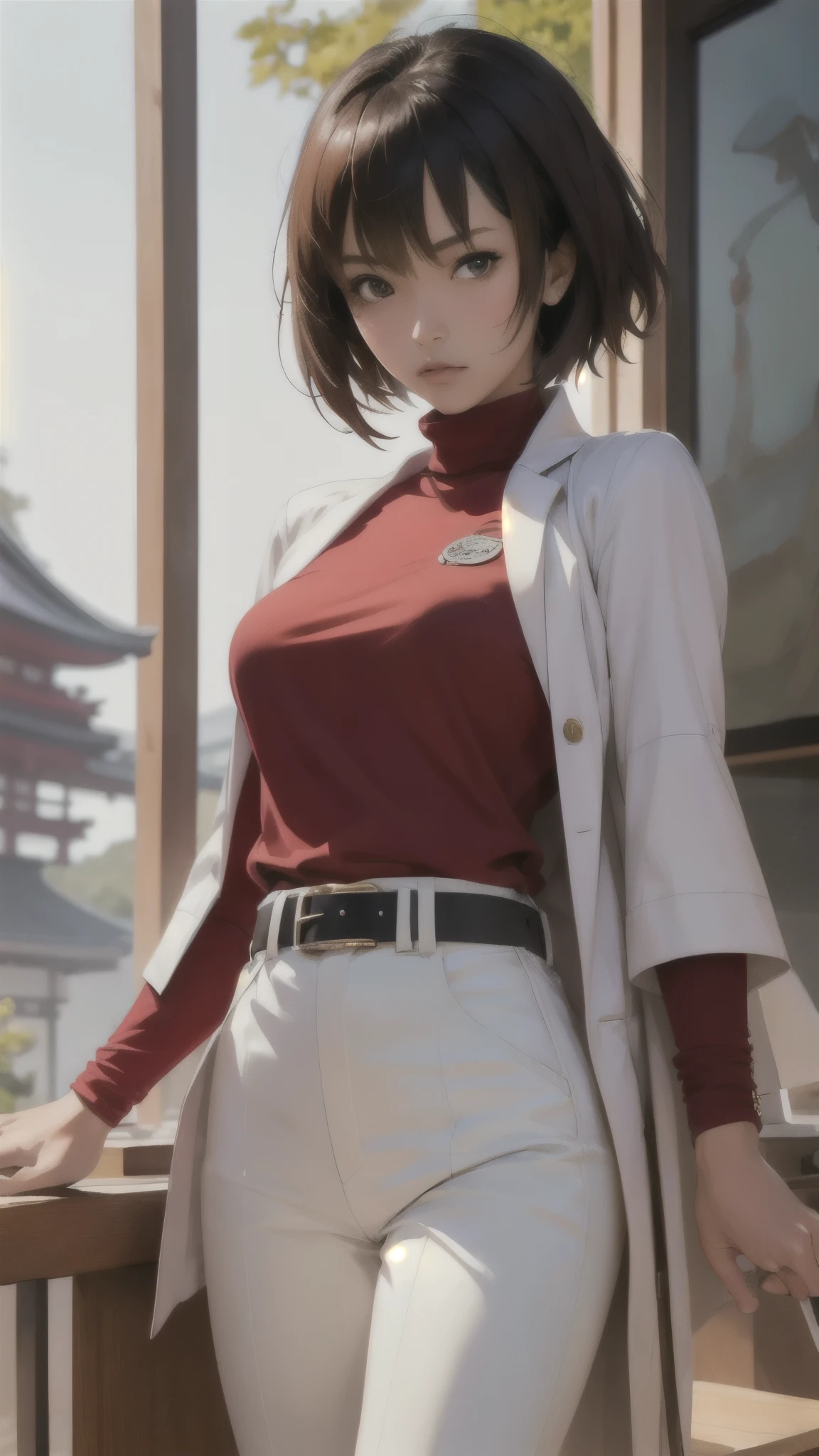 Kurisu Makise Steins Gate Anime, atmosphérique, portrait élégant, super très détaillé, peinture numérique professionnelle, Station artistique, art conceptuel, 8k, art par WLOP, artgerm et alphonse mucha et eiichiro oda shinkai makoto vibrant Studio ghibli kyoto animation hideaki anno Sakimichan Stanley Artgerm Lau Rossdessine James Jean Marc Simonetti, Belle femme, Des cheveux châtain clairs, Yeux marron clair, Chemise à col roulé rouge, pantalon blanc, ceinture noire, Se maquiller, vue de haut en bas, Fond 2D, posture impeccable, chef-d&#39;œuvre, super détail, attitude, femme de 40 ans, Expression forte, attitude