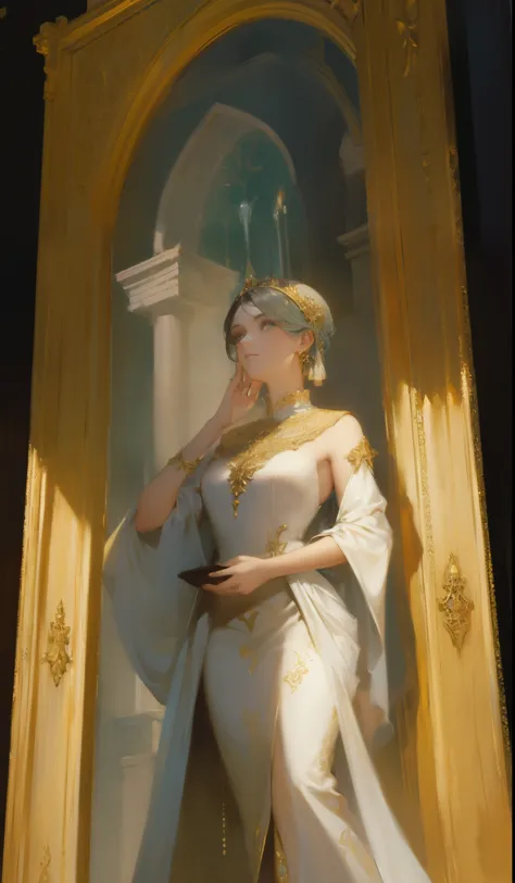 Fantasia, 19th-century, empress, mulher, rosto delicado, cabelo loiro claro, olhos azuis, em um vestido real branco com ombros a...