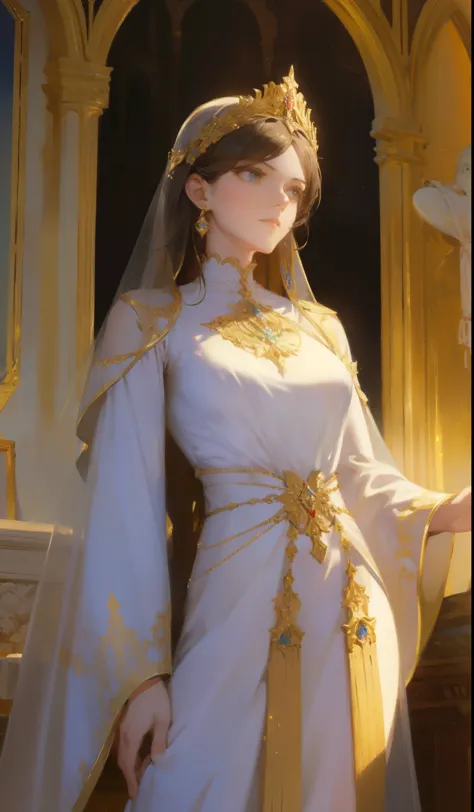 Fantasia, 19th-century, empress, mulher, rosto delicado, cabelo loiro claro, olhos azuis, em um vestido real branco com ombros a...