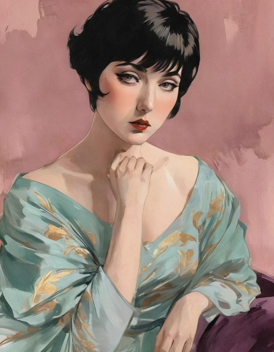 ink sketch technique on sensual illustration of an elegant queen (((short hair with bangs:1.6、Beautiful bangs) , vintage theme ,silky dress, matte painting, by John Singer Sargent, by Harumi Hironaka, extremely soft colors, dark fashion , Tiffany pastel, highly detailed, digital artwork, high contrast, dramatic, refined, tonal, an intimate, seductive studio setting with a focus on sensuality and romance. Utilize soft, warm lighting that bathes the space in a gentle, inviting glow. Incorporate luxurious fabrics, plush furnishings, and a touch of decadence to evoke an opulent ambiance. The scene should exude an air of serenity and anticipation, inviting the viewer into a sensual and romantic space