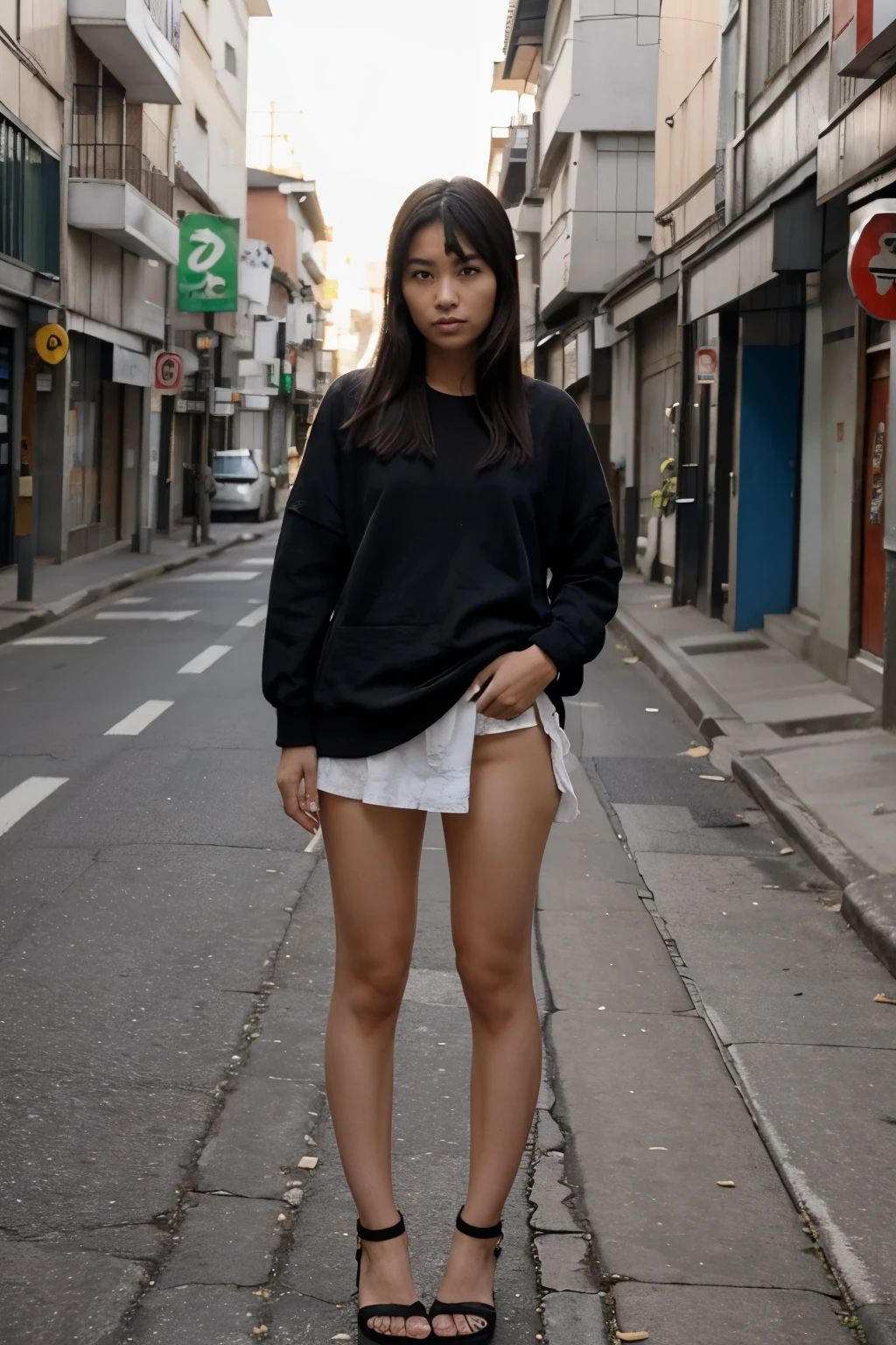 Arafed woman in black sweater and white shorts standing on a street -  SeaArt AI