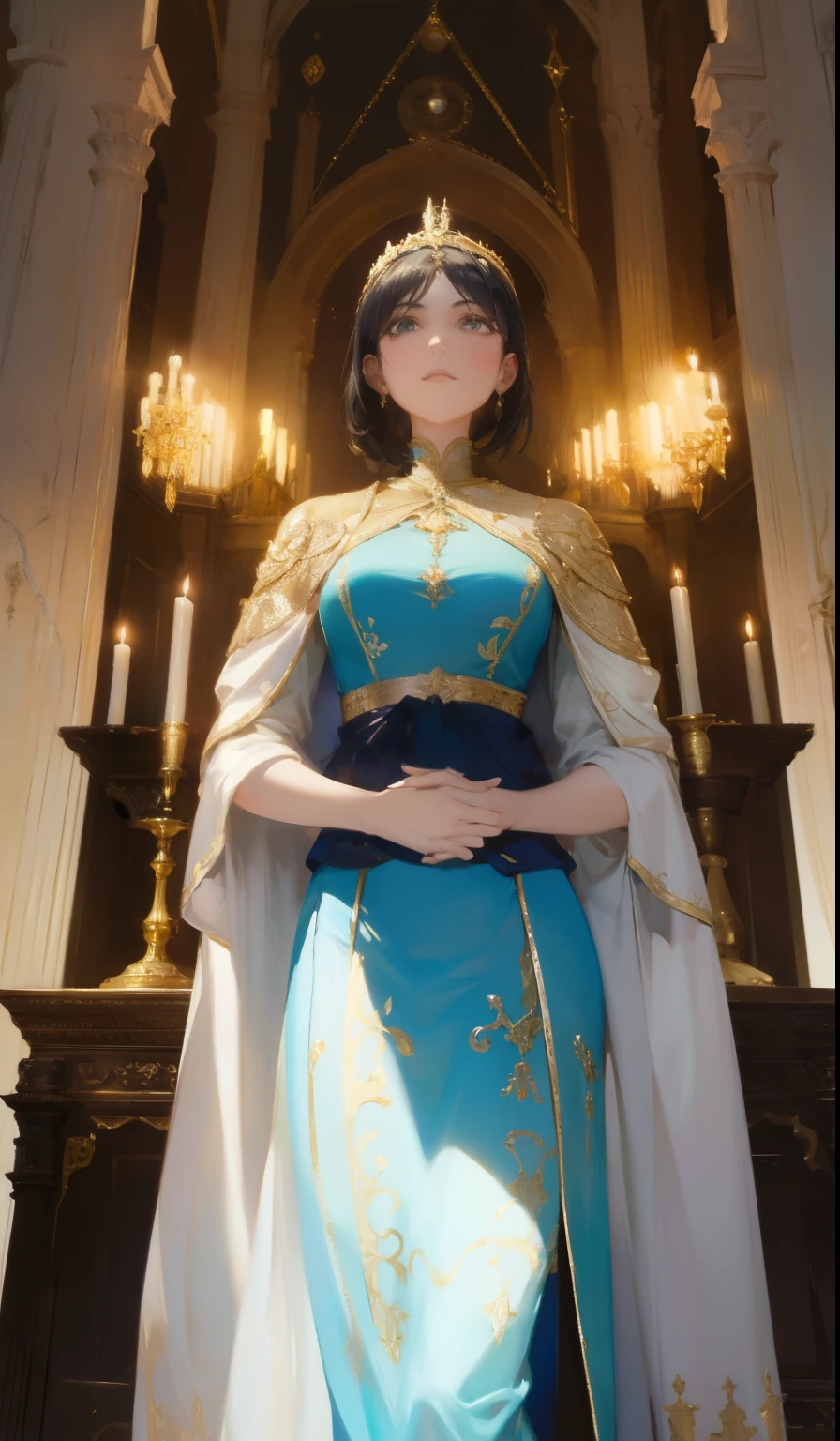 fancy, 19th-century, Empress, Woman, 精致的面容, light blonde hair, blue colored eyes, in a white royal dress with open shoulders, gold patterns on fabric, crystal jewelry, with a scarlet ribbon on the shoulder in the monarch&#39;s regalia, Gothic castle made of white stone in the background, Lumiere, giorno, High definition