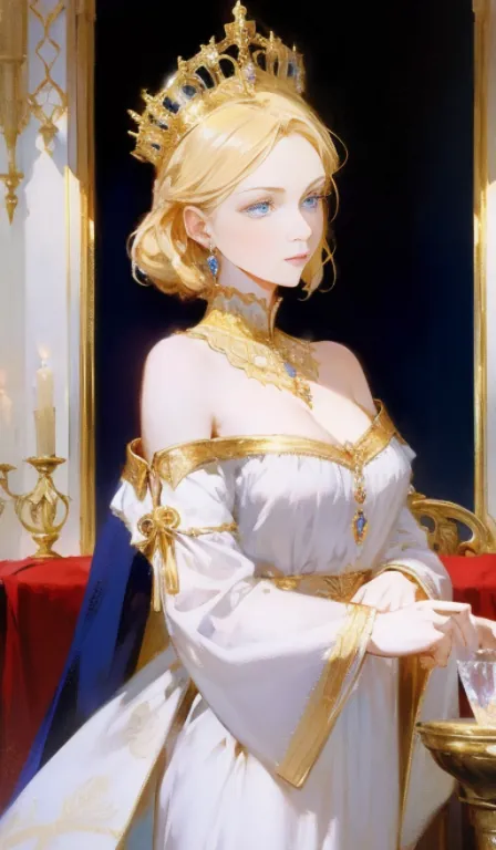 Fantasy, 19th century, empress, woman, delicate face, pale blonde hair, blue eyes, in a white royal dress with open shoulders, g...