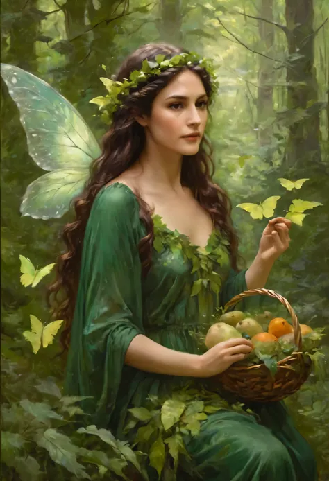 Elegant and serene fairy dryad with long wavy earthen-brown hair, leaf-green floral gown, mystical fauna wings, helping the anim...