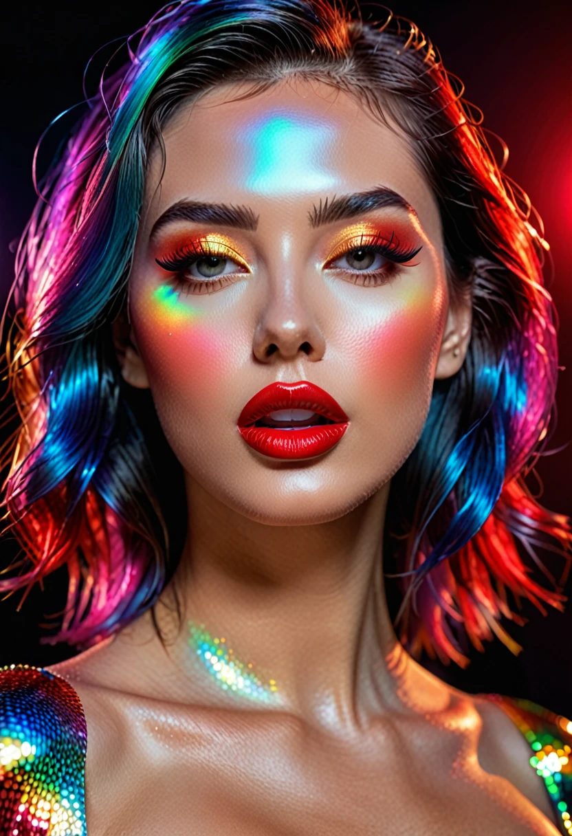 fantasic nature, ultra detail, ultra realism, hyper realistic, 90s, furrowed, vibrant holographic gradient, adventurecore, argon flash, photopainting, femme fatale, red lips, Professional Photography, Award Winning Photoshoot, Hyper-Realistic, Canon 1DX Mark III, 35mm, f/8
