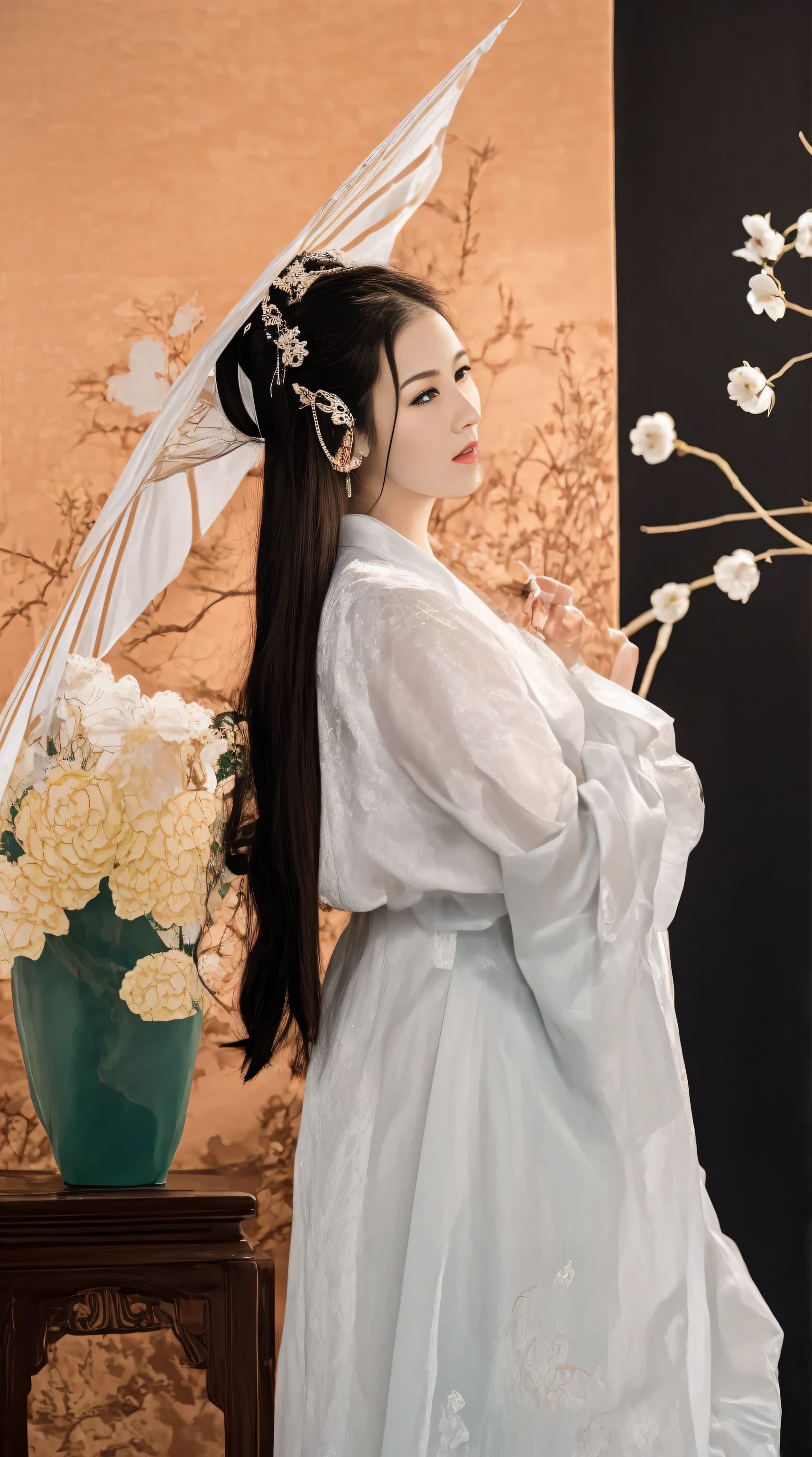 há uma mulher em um vestido branco segurando um guarda-chuva branco, white Hanfu, Palácio ， a girl in Hanfu, Hanfu, vestindo roupas chinesas antigas, com roupas chinesas antigas, Traje Chinês, roupas tradicionais chinesas, Inspirado por Huang Ji, Inspirado por Qiu Ying, inspirado em Gu An, longo manto branco esvoaçante, vestindo um manto de seda branco